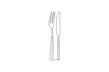 Fork knife and spoon art in one continuous line vector icon
