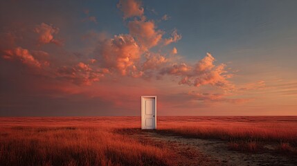 Minimalist Surreal Door in Vast Prairie at Sunset with Dramatic Pink and Blue Sky – Conceptual Landscape Art