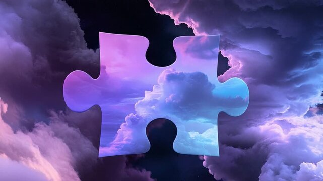 Puzzle Piece in the Sky: A single jigsaw piece is suspended amidst a swirling cloudscape, representing the concept of solutions, innovation, and abstract concepts in a dynamic visual display.