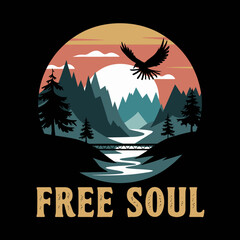 Majestic Eagle Soaring Above Serene Mountain Landscape Peaceful River Bridge Tranquil Nature Scene Breathtaking View Artistic Illustration Free Soul Graphic Design Digital Art Print Premium Quality   