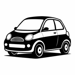 Black and white illustration of a small city car isolated on white background