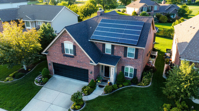 A brick house with solar panels on the roof, surrounded by greenery and other houses in a suburban neighborhood. - Powered by Adobe