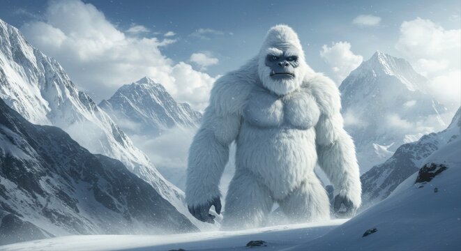 Majestic Yeti Strolling Through the Snow-Covered Mountainous Landscape Display - Powered by Adobe