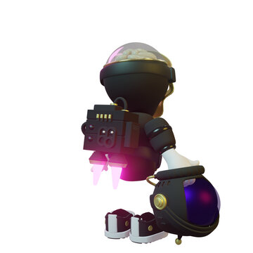 3d render spaceman astronaut flying with rocket 3d illustration design