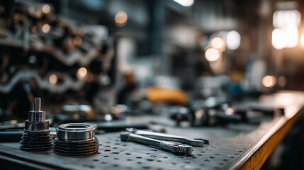 Automotive engine close-up with tools on workbench, precision and craftsmanship in focus
