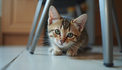 Cat crouching and exploring under a kitchen chair indoors  
