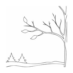 Black Line Art Winter Tree Landscape Two Pine Trees