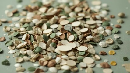 Falling seed halves bouncing and creating waves through cluster on pale green tabletop, with motion - Powered by Adobe