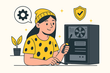 Flat vector Illustration of IT Engineer Performing Server Maintenance in Data Center Environment