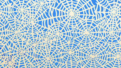 Fototapeta premium Illustration of a seamless pattern with spiderwebs in white color on a blue background with a radial design