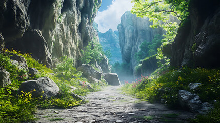 Beautiful desert canyon trail edged with greenery and dramatic red rock high resolution picture