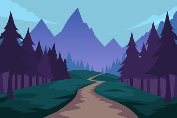 Gravel path through enchanted mountain forest vector illustration