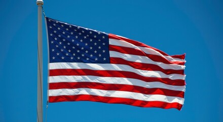 The vibrant american flag waving gracefully against a clear blue sky backdrop