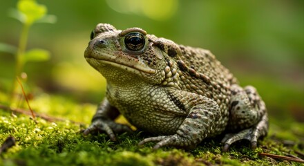 Fototapeta premium Close-up of an American Toad on Mossy Ground in a Forest Setting