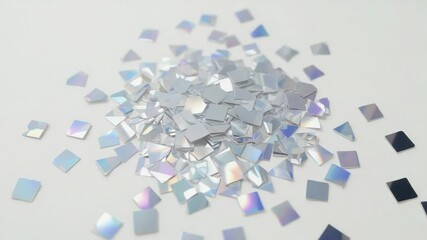 Streaming holographic squares onto mound on white table, scattering and settling into pile - Powered by Adobe