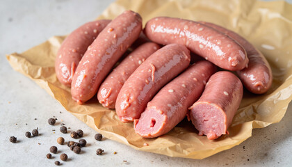 Raw sausages placed on butcher paper with black peppercorns nearby  