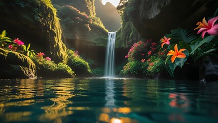 Waterfall Cascading into a Clear Pool with Lush Tropical Flowers
