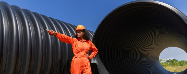 Industry Engineers Walking Inside Circular water Pipe. Engineering or Worker inspection pipe...