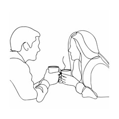 Line Art Couple Sharing Coffee Cups Black White Minimalist