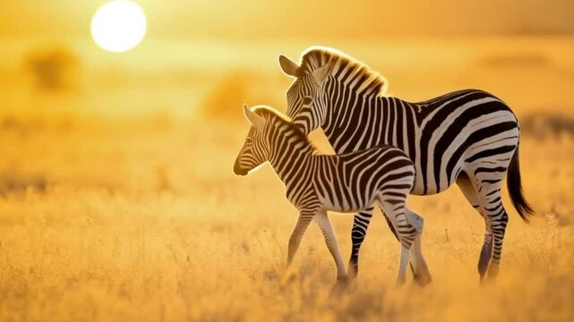 A zebra mother and her foal stand together in the golden light of the african savanna field video