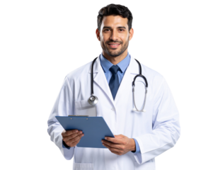 Male doctor holding clipboard, transparent PNG with shadow.