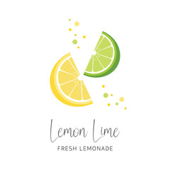 Fresh lemon lime fruits, fresh lemonade on white background