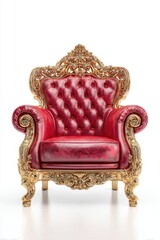 Ornate red leather throne chair with gilded details.  Rich, luxurious, and regal.  Exquisite craftsmanship