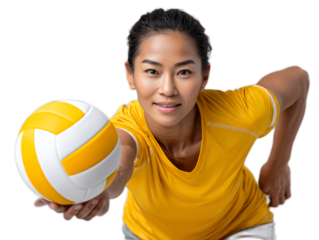 Volleyball Player Serve: A determined female volleyball player in a yellow jersey prepares to serve, eyes focused, and ball in hand, ready for action.