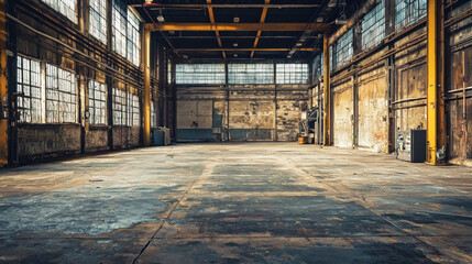 An empty warehouse with large windows and a yellow ceiling. The industrial setting has a worn-out appearance with rust and grime on the walls and floor.