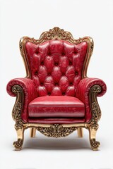 Luxurious red leather throne chair. Ornate golden frame