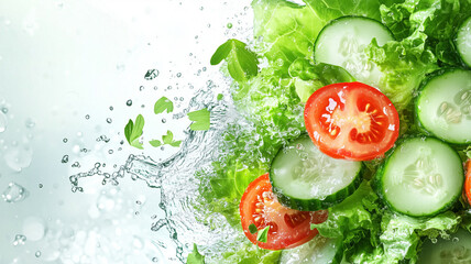 Fresh salad ingredients splashing in water: lettuce, tomato, cucumber