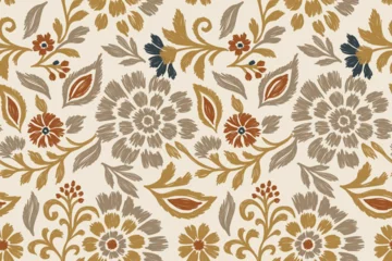 Rideaux Styles patrons Seamless ikat floral pattern in hand-drawn embroidery style with earthy tones, traditional ethnic damask design for textile, fabric, clothing, decoration, abstract illustration background.  © opart