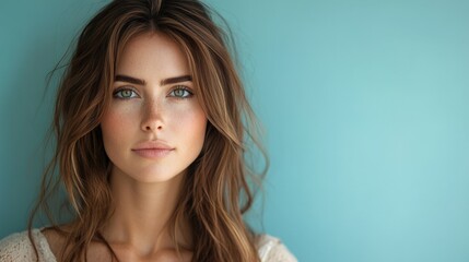 Fototapeta premium Stunning Young Woman with Freckles and Long Brown Hair Against a Soft Blue Background