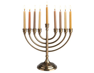 Fototapeta premium PNG of Hanukkah menorah with lit candles, transparent background.