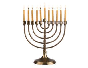 PNG of Hanukkah menorah with lit candles, transparent background.