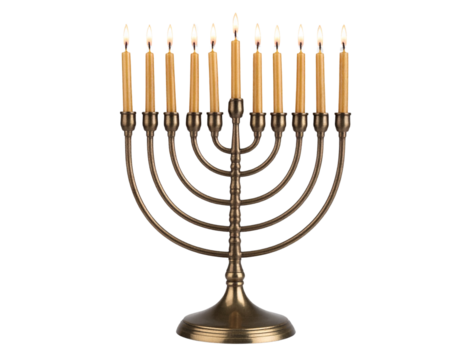 PNG of Hanukkah menorah with lit candles, transparent background.
