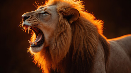 Fototapeta premium Majestic lion roaring with vibrant mane illuminated by warm light, showcasing strength and power in natural setting