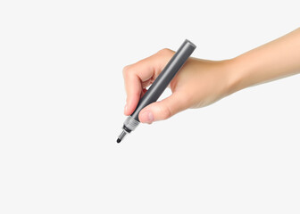 Hand holding black acrylic marker isolated on white background
