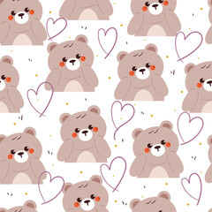 cute hand drawing cartoon bear with purple hearts seamless pattern. cute animal pattern in white background for gift warp paper and wallpaper