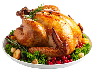 Thanksgiving PNG of roasted turkey with garnish, realistic, transparent background.