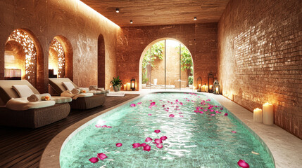 A luxurious indoor spa with a pool, lounge chairs, and candles.