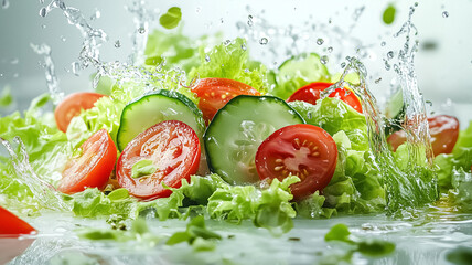 Fresh salad with tomatoes and cucumbers tossed in water splash