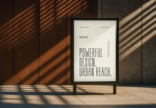 Outdoor Billboard Mockup &ndash; Minimal Street Poster Frame with Sharp Shadows on Concrete Wall
