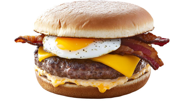 A juicy burger with bacon egg and cheese on a toasted bun close up on transparent background png