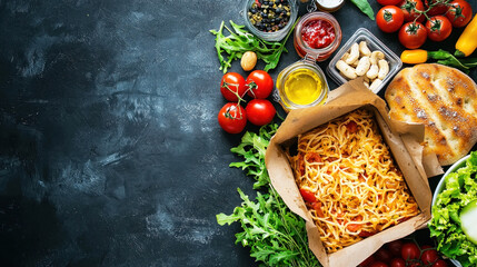 A rustic wooden table with a bowl of pasta, a loaf of bread, and a variety of fresh vegetables and herbs.