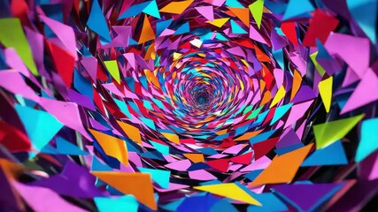 Opening animation showing vortex of confetti triangles moving inward in tunnel, creating illusion - Powered by Adobe