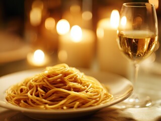 A plate of spaghetti and a glass of white wine are set on a table with glowing candles, creating a warm, romantic dining atmosphere