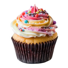 Close-up of a colorful cupcake with swirls of pink, yellow, and white frosting, topped with sprinkles on a dark cupcake liner