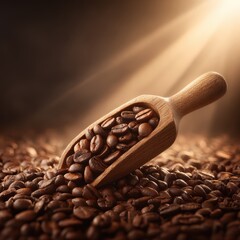 A wooden scoop filled with roasted coffee beans sits atop a pile, highlighted by warm sunlight streaming in from above