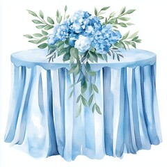 Watercolor Blue Hydrangea Centerpiece on Draped Table